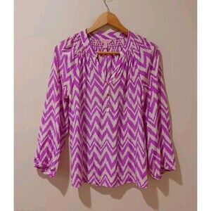 LILLY PULITZER Elsa Long Sleeve 100% Silk Blouse Purple Chevron Print S Resort